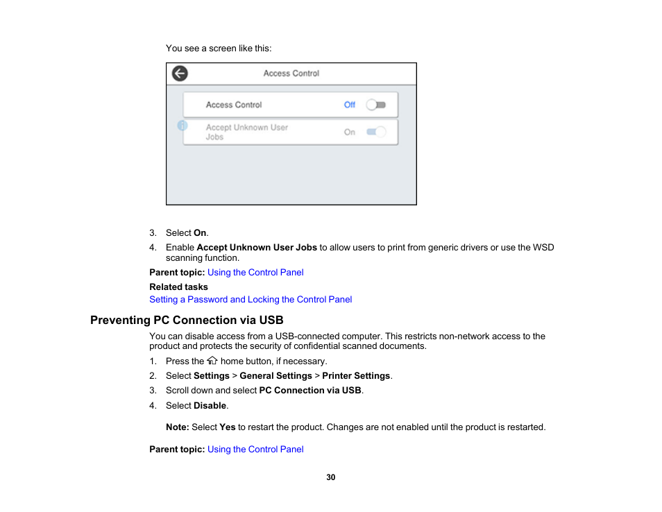 Preventing pc connection via usb | Epson WorkForce Pro WF-7820 All-in-One Inkjet Printer User Manual | Page 30 / 393