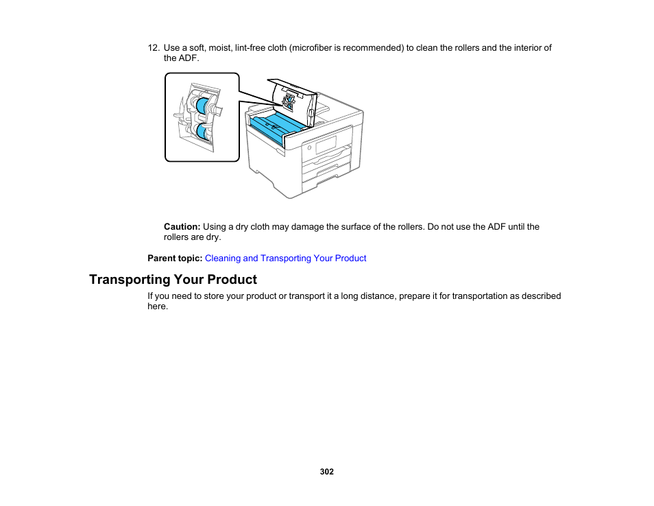 Transporting your product | Epson WorkForce Pro WF-7820 All-in-One Inkjet Printer User Manual | Page 302 / 393