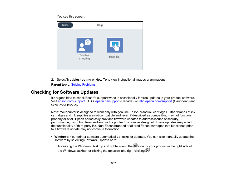Checking for software updates | Epson WorkForce Pro WF-7820 All-in-One Inkjet Printer User Manual | Page 307 / 393