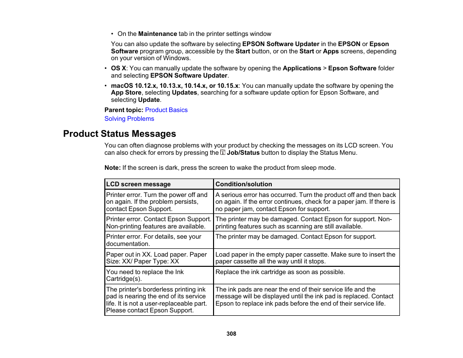 Product status messages | Epson WorkForce Pro WF-7820 All-in-One Inkjet Printer User Manual | Page 308 / 393