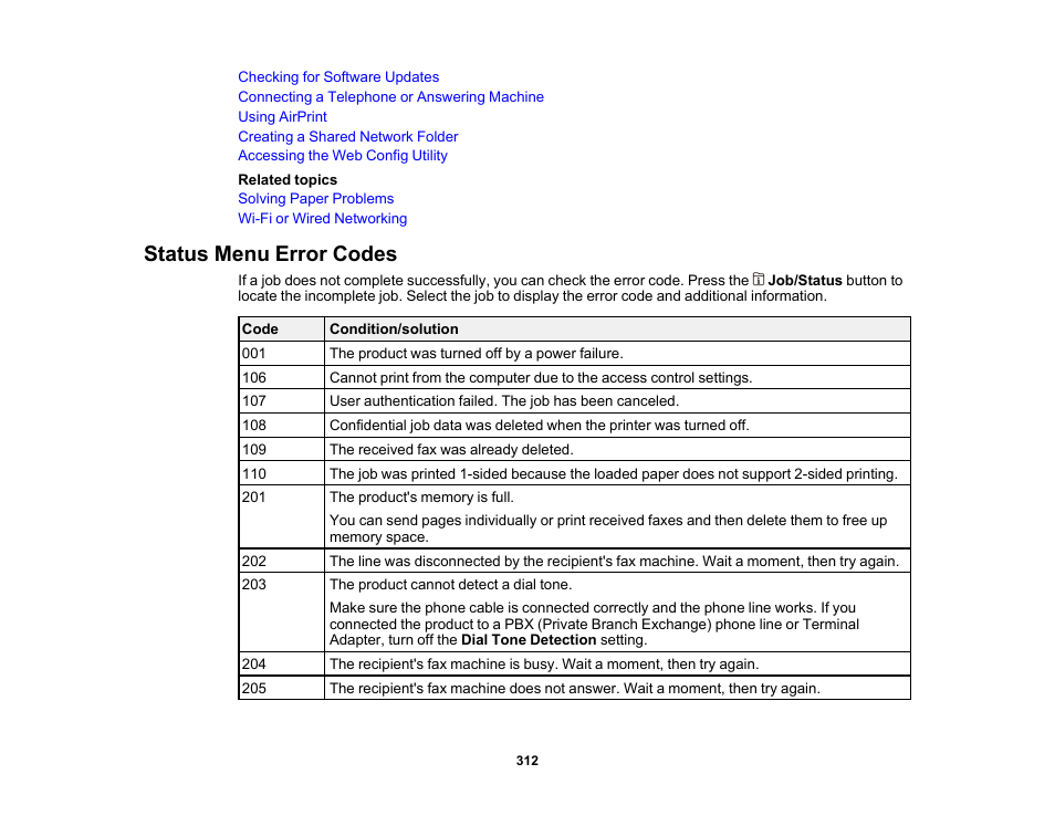 Status menu error codes | Epson WorkForce Pro WF-7820 All-in-One Inkjet Printer User Manual | Page 312 / 393