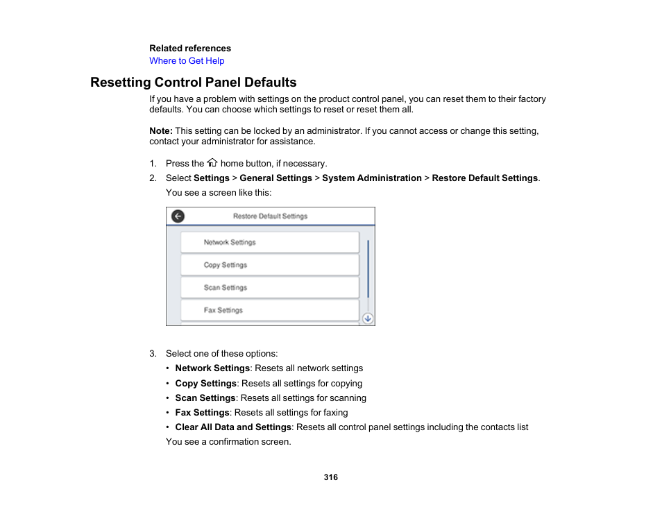 Resetting control panel defaults | Epson WorkForce Pro WF-7820 All-in-One Inkjet Printer User Manual | Page 316 / 393