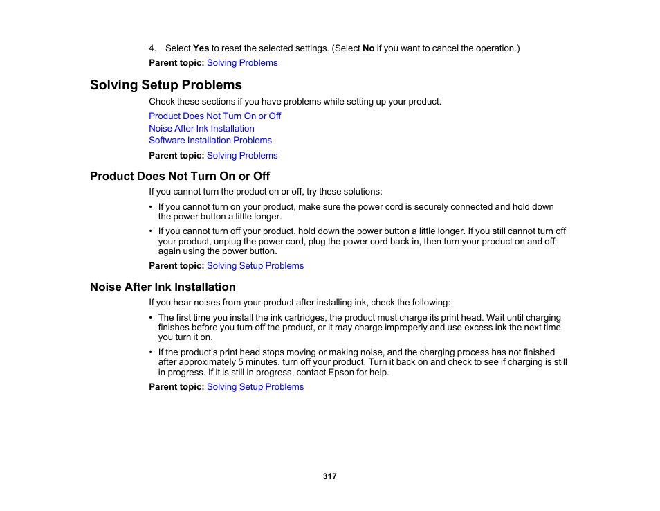 Solving setup problems, Product does not turn on or off, Noise after ink installation | Epson WorkForce Pro WF-7820 All-in-One Inkjet Printer User Manual | Page 317 / 393