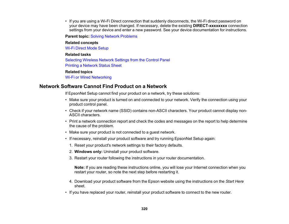 Network software cannot find product on a network | Epson WorkForce Pro WF-7820 All-in-One Inkjet Printer User Manual | Page 320 / 393