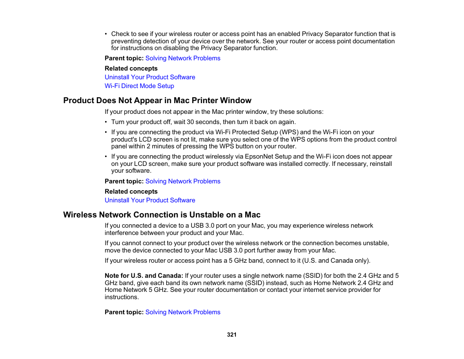 Product does not appear in mac printer window, Wireless network connection is unstable on a mac | Epson WorkForce Pro WF-7820 All-in-One Inkjet Printer User Manual | Page 321 / 393