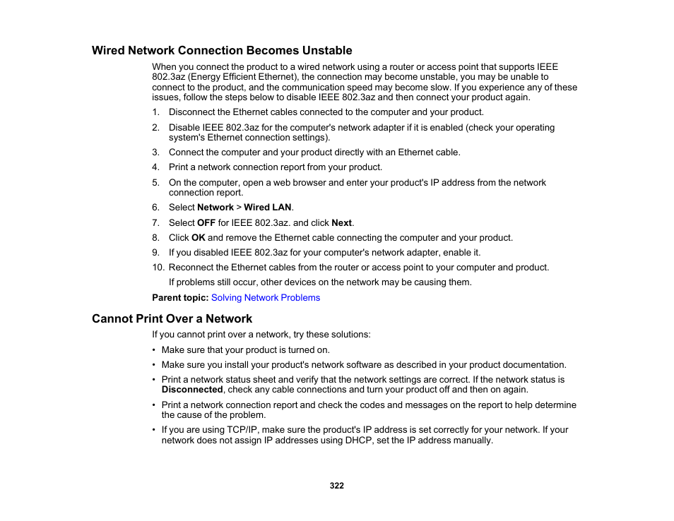 Wired network connection becomes unstable, Cannot print over a network | Epson WorkForce Pro WF-7820 All-in-One Inkjet Printer User Manual | Page 322 / 393