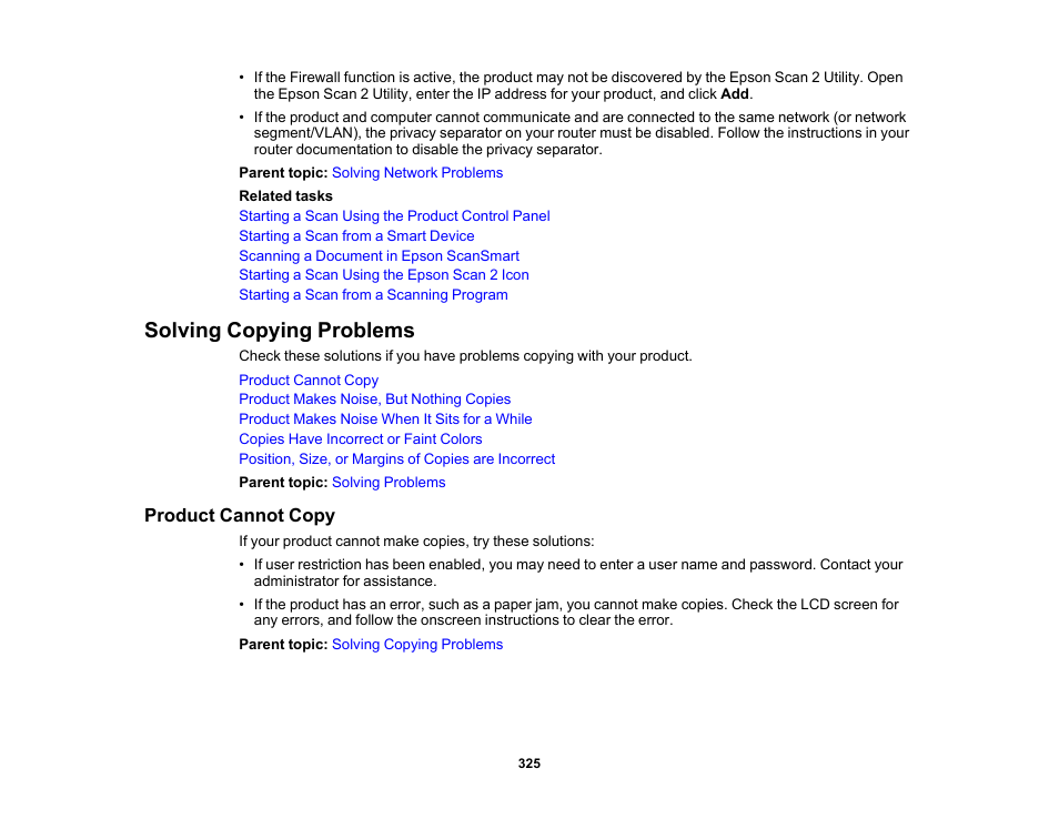 Solving copying problems, Product cannot copy | Epson WorkForce Pro WF-7820 All-in-One Inkjet Printer User Manual | Page 325 / 393