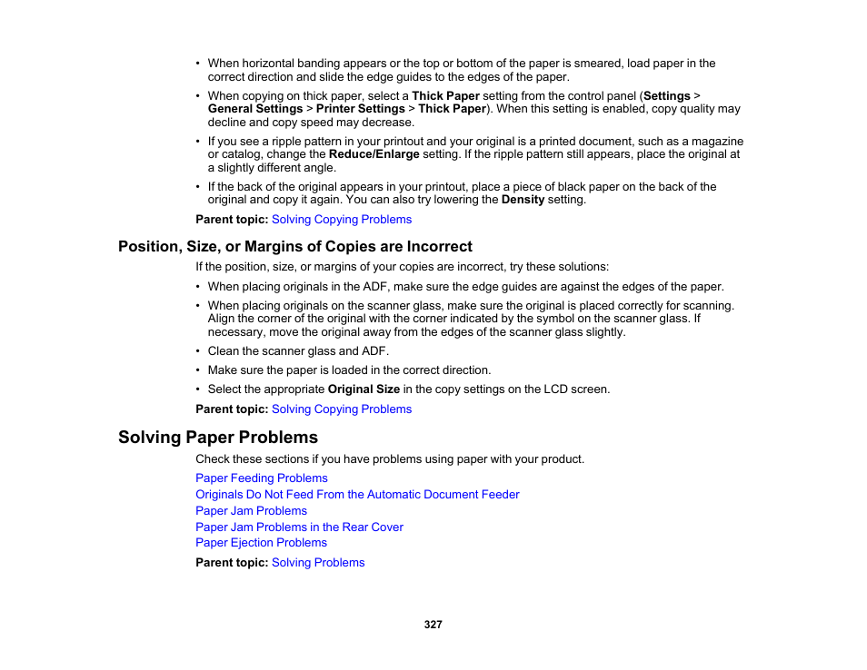 Position, size, or margins of copies are incorrect, Solving paper problems | Epson WorkForce Pro WF-7820 All-in-One Inkjet Printer User Manual | Page 327 / 393