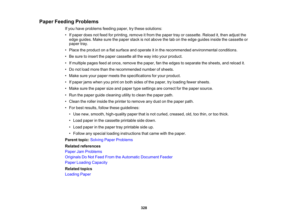 Paper feeding problems | Epson WorkForce Pro WF-7820 All-in-One Inkjet Printer User Manual | Page 328 / 393