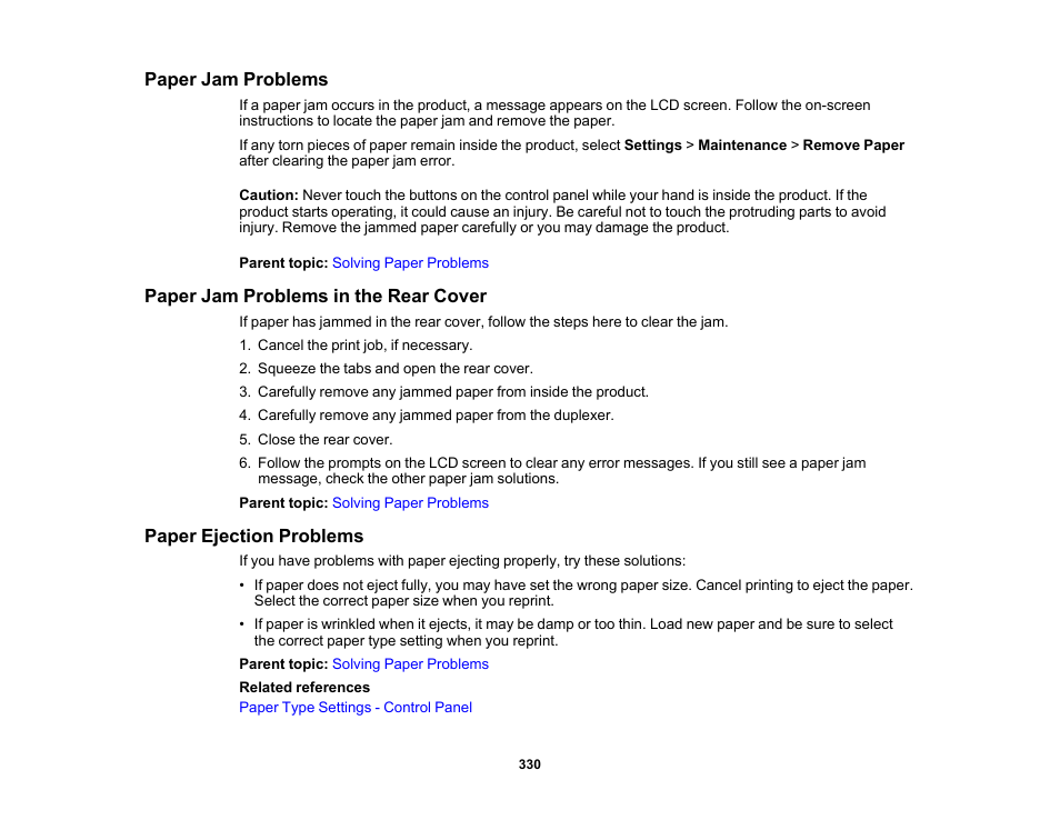 Paper jam problems, Paper jam problems in the rear cover, Paper ejection problems | Epson WorkForce Pro WF-7820 All-in-One Inkjet Printer User Manual | Page 330 / 393