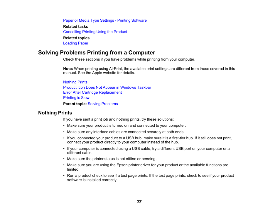 Solving problems printing from a computer, Nothing prints | Epson WorkForce Pro WF-7820 All-in-One Inkjet Printer User Manual | Page 331 / 393