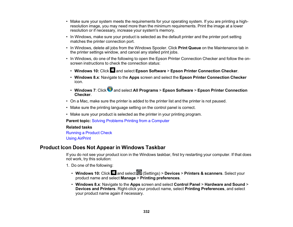 Product icon does not appear in windows taskbar | Epson WorkForce Pro WF-7820 All-in-One Inkjet Printer User Manual | Page 332 / 393