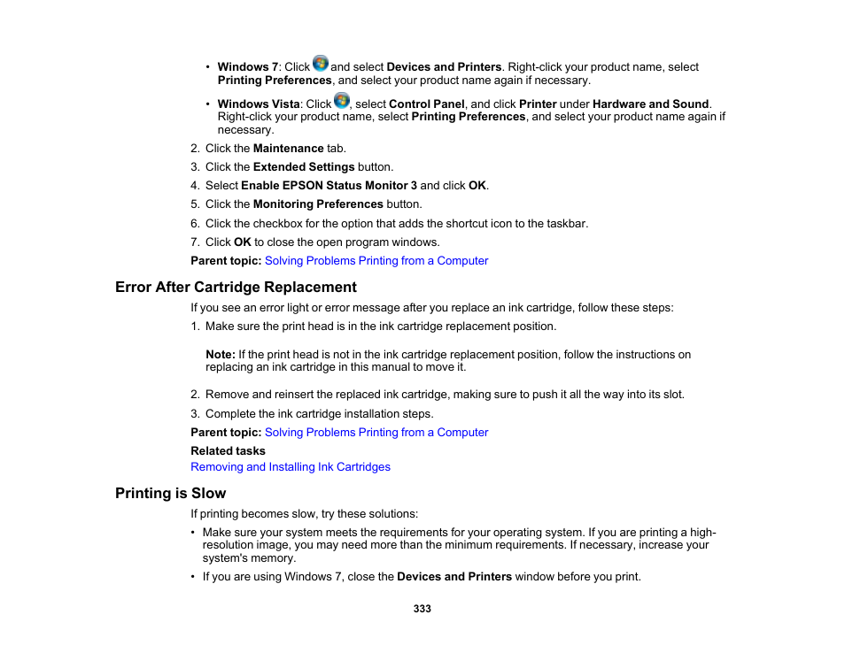 Error after cartridge replacement, Printing is slow, Error after cartridge replacement printing is slow | Epson WorkForce Pro WF-7820 All-in-One Inkjet Printer User Manual | Page 333 / 393