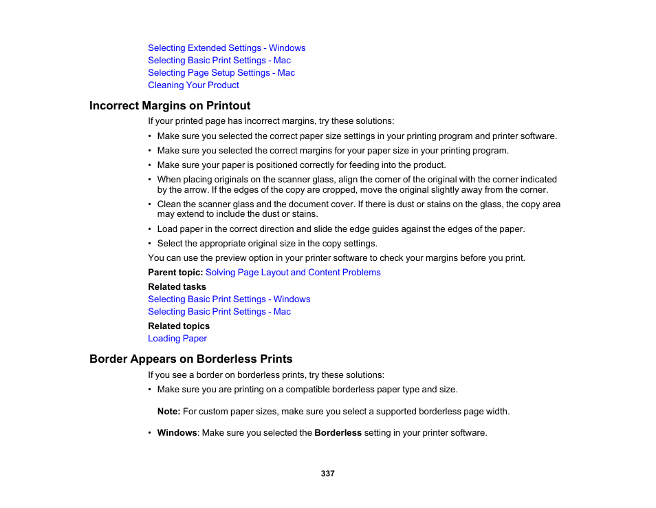 Incorrect margins on printout, Border appears on borderless prints | Epson WorkForce Pro WF-7820 All-in-One Inkjet Printer User Manual | Page 337 / 393