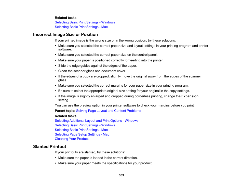 Incorrect image size or position, Slanted printout, Incorrect image size or position slanted printout | Epson WorkForce Pro WF-7820 All-in-One Inkjet Printer User Manual | Page 339 / 393