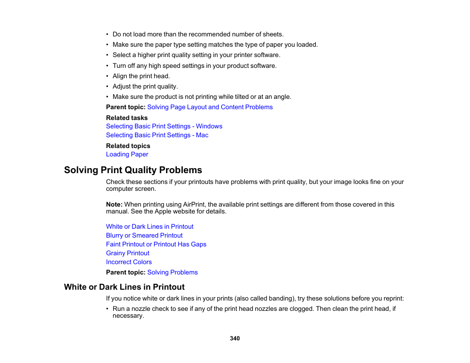 Solving print quality problems, White or dark lines in printout | Epson WorkForce Pro WF-7820 All-in-One Inkjet Printer User Manual | Page 340 / 393