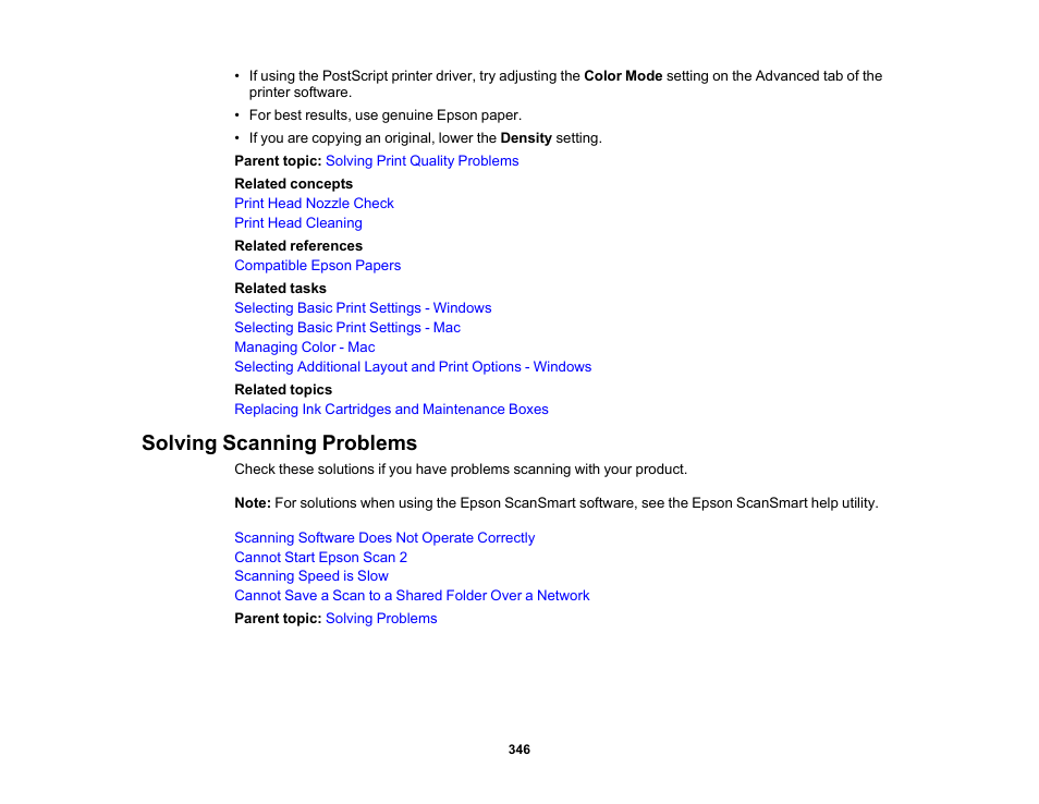Solving scanning problems | Epson WorkForce Pro WF-7820 All-in-One Inkjet Printer User Manual | Page 346 / 393