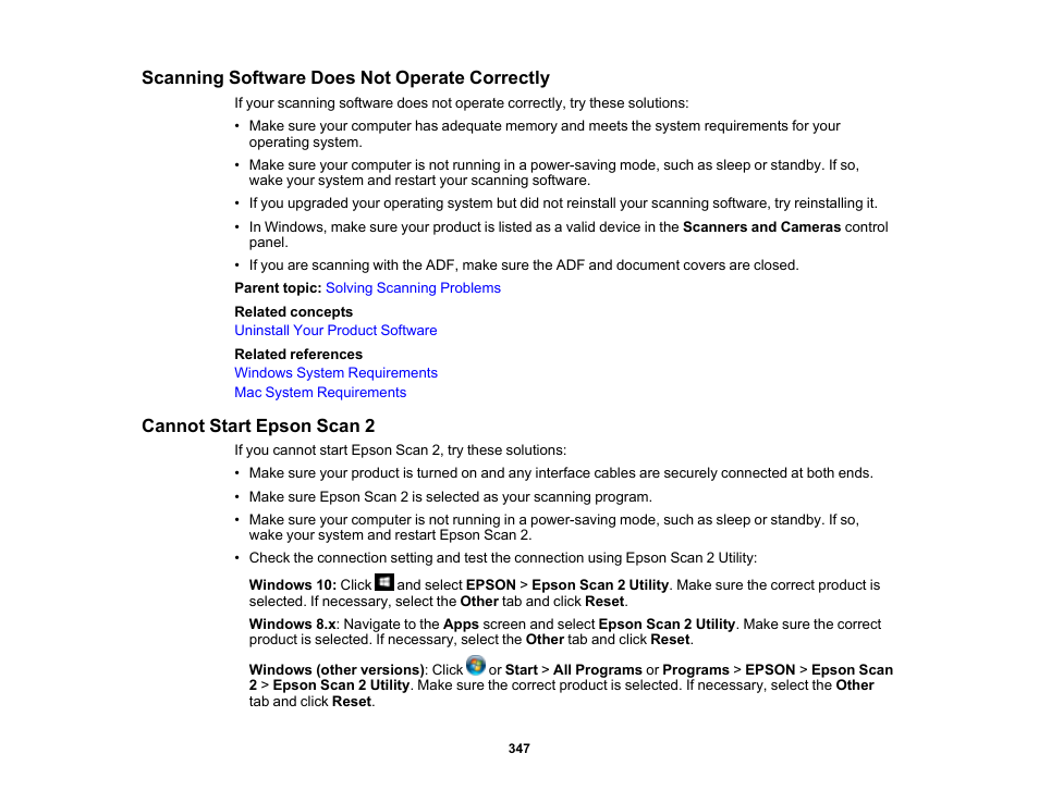Scanning software does not operate correctly, Cannot start epson scan 2 | Epson WorkForce Pro WF-7820 All-in-One Inkjet Printer User Manual | Page 347 / 393