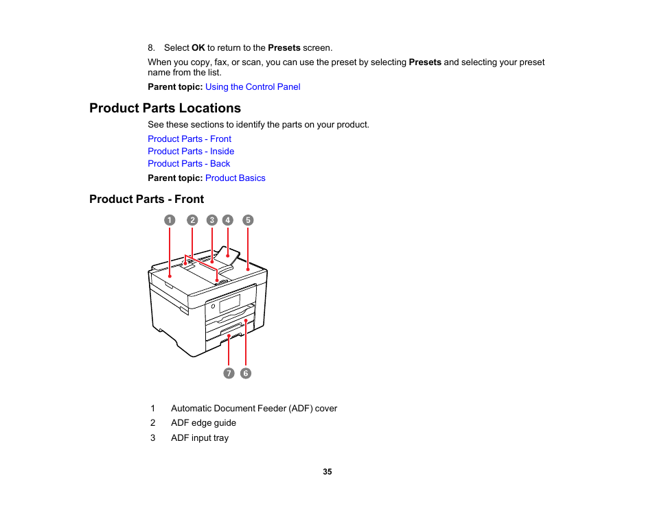 Product parts locations, Product parts - front | Epson WorkForce Pro WF-7820 All-in-One Inkjet Printer User Manual | Page 35 / 393