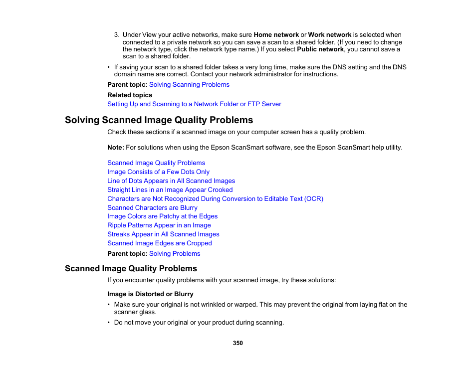 Solving scanned image quality problems, Scanned image quality problems | Epson WorkForce Pro WF-7820 All-in-One Inkjet Printer User Manual | Page 350 / 393