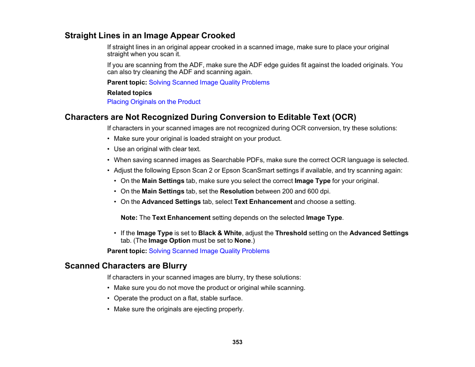 Straight lines in an image appear crooked, Scanned characters are blurry | Epson WorkForce Pro WF-7820 All-in-One Inkjet Printer User Manual | Page 353 / 393