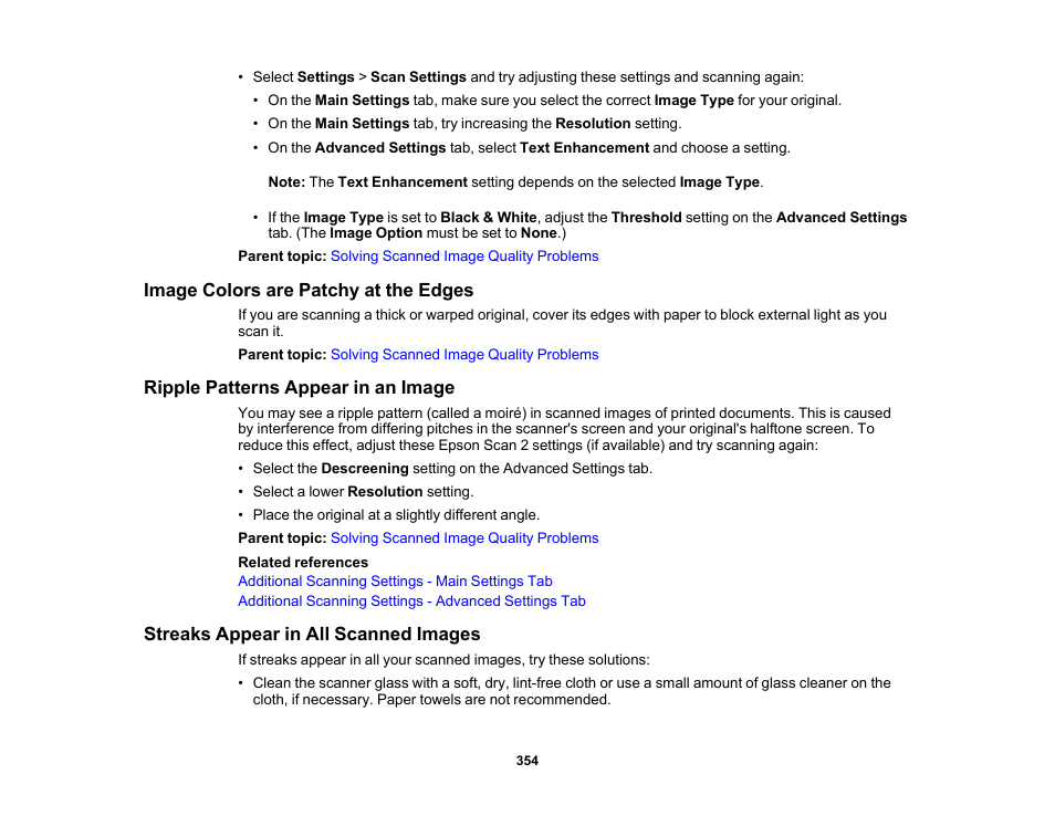 Image colors are patchy at the edges, Ripple patterns appear in an image, Streaks appear in all scanned images | Epson WorkForce Pro WF-7820 All-in-One Inkjet Printer User Manual | Page 354 / 393