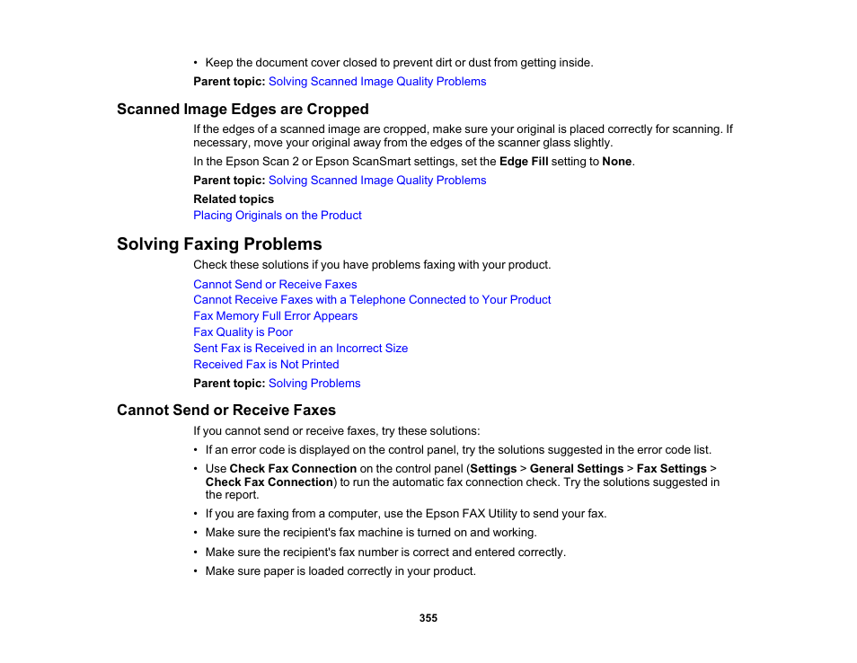 Scanned image edges are cropped, Solving faxing problems, Cannot send or receive faxes | Epson WorkForce Pro WF-7820 All-in-One Inkjet Printer User Manual | Page 355 / 393