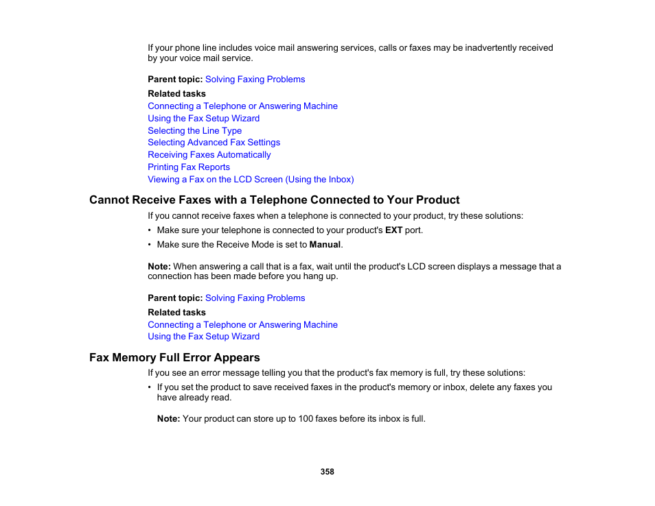 Fax memory full error appears | Epson WorkForce Pro WF-7820 All-in-One Inkjet Printer User Manual | Page 358 / 393