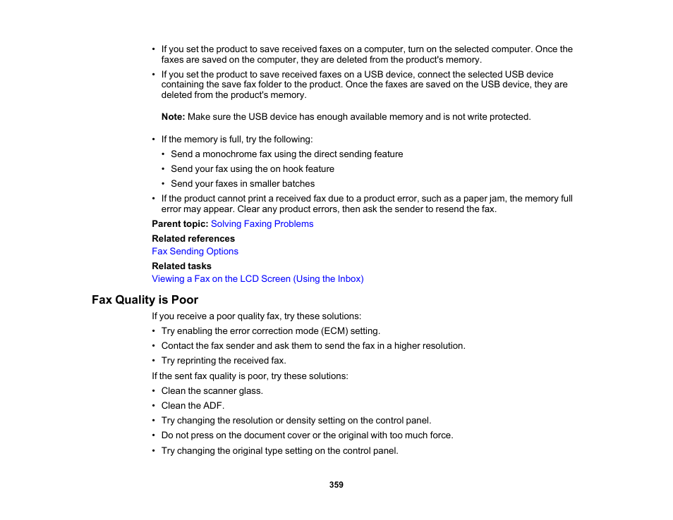 Fax quality is poor | Epson WorkForce Pro WF-7820 All-in-One Inkjet Printer User Manual | Page 359 / 393