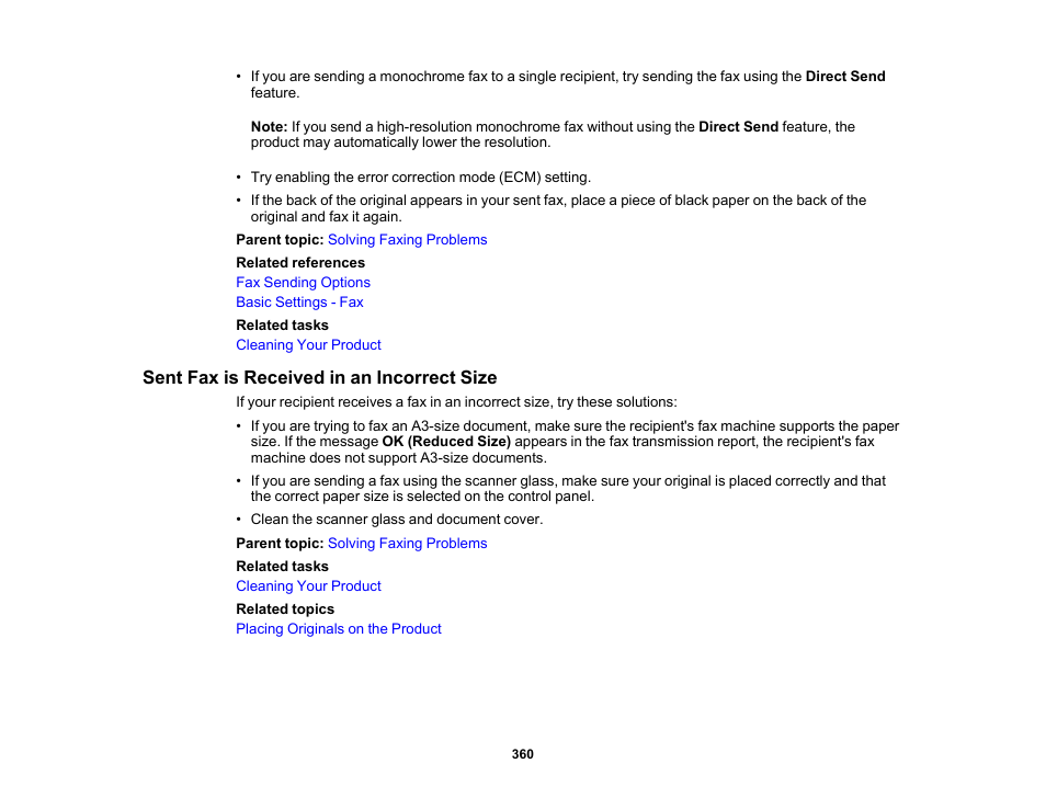 Sent fax is received in an incorrect size | Epson WorkForce Pro WF-7820 All-in-One Inkjet Printer User Manual | Page 360 / 393