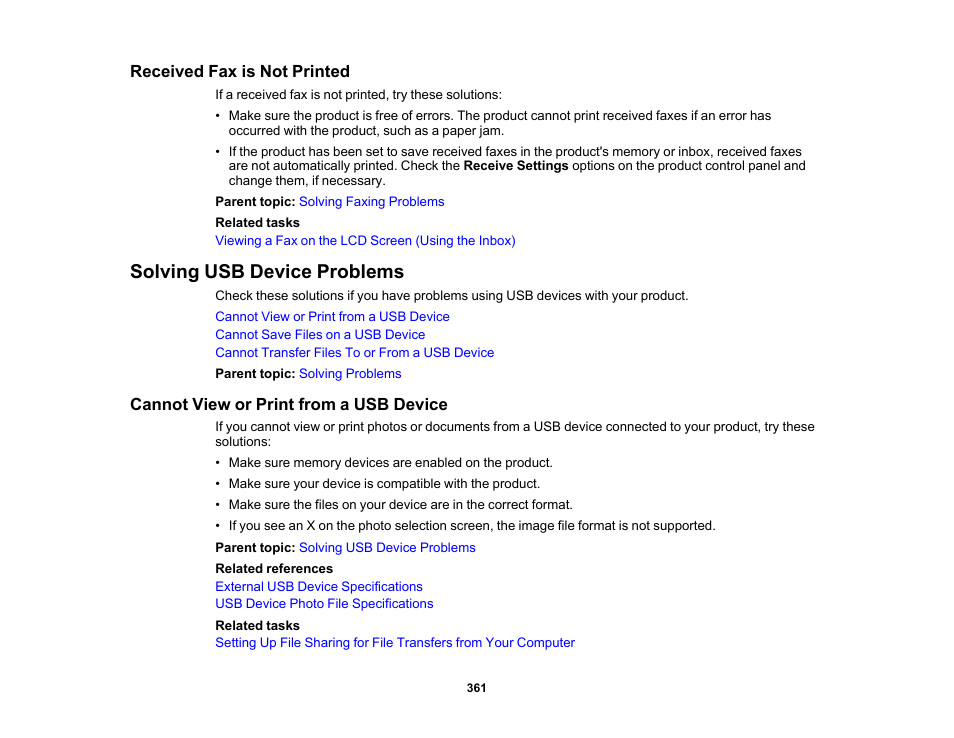 Received fax is not printed, Solving usb device problems, Cannot view or print from a usb device | Epson WorkForce Pro WF-7820 All-in-One Inkjet Printer User Manual | Page 361 / 393