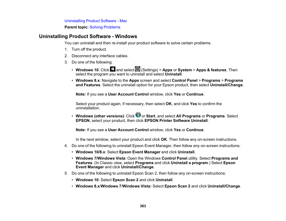 Uninstalling product software - windows | Epson WorkForce Pro WF-7820 All-in-One Inkjet Printer User Manual | Page 363 / 393