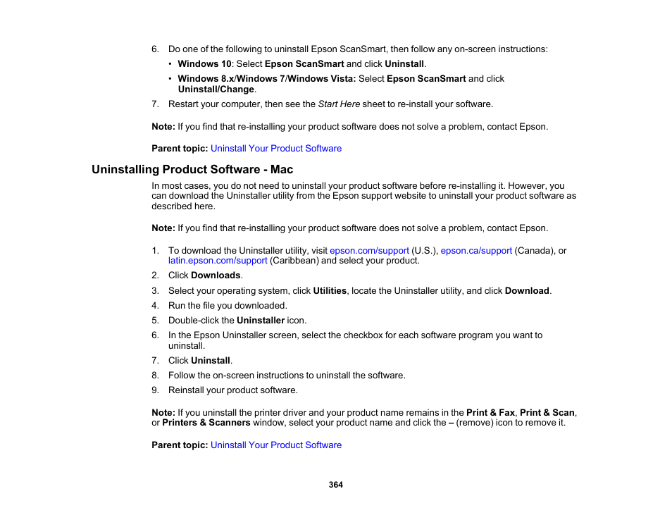 Uninstalling product software - mac | Epson WorkForce Pro WF-7820 All-in-One Inkjet Printer User Manual | Page 364 / 393