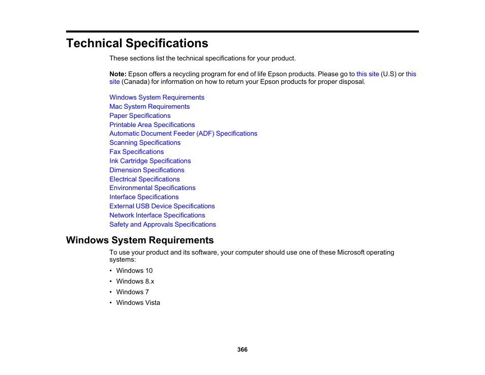 Technical specifications, Windows system requirements | Epson WorkForce Pro WF-7820 All-in-One Inkjet Printer User Manual | Page 366 / 393