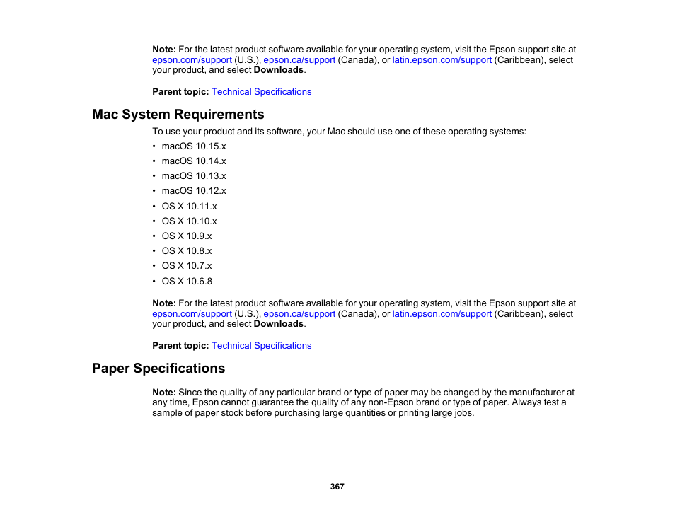 Mac system requirements, Paper specifications, Mac system requirements paper specifications | Epson WorkForce Pro WF-7820 All-in-One Inkjet Printer User Manual | Page 367 / 393