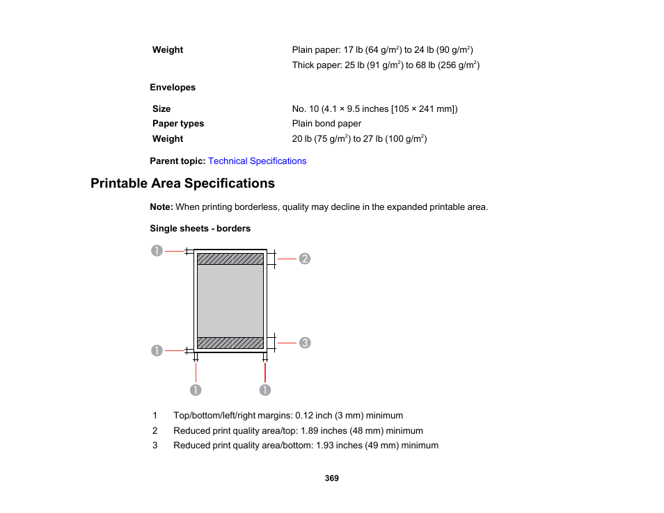 Printable area specifications | Epson WorkForce Pro WF-7820 All-in-One Inkjet Printer User Manual | Page 369 / 393