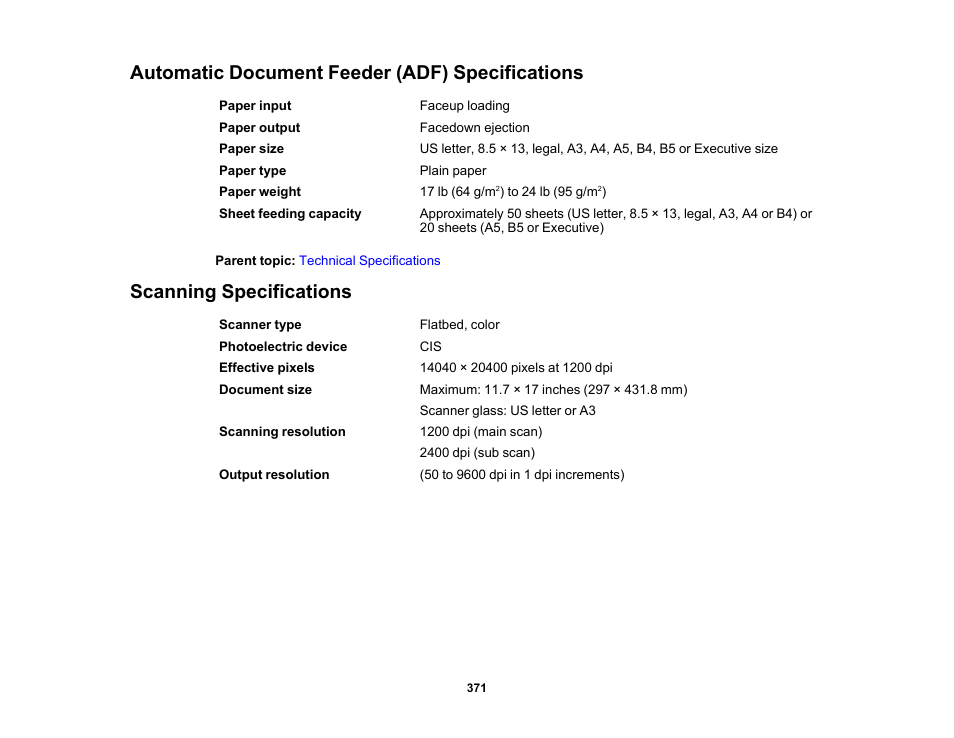Automatic document feeder (adf) specifications, Scanning specifications | Epson WorkForce Pro WF-7820 All-in-One Inkjet Printer User Manual | Page 371 / 393