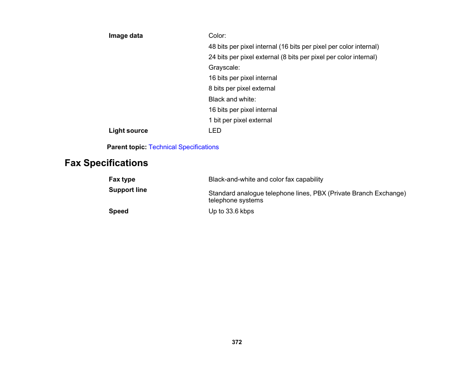 Fax specifications | Epson WorkForce Pro WF-7820 All-in-One Inkjet Printer User Manual | Page 372 / 393