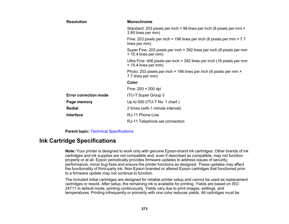Ink cartridge specifications | Epson WorkForce Pro WF-7820 All-in-One Inkjet Printer User Manual | Page 373 / 393