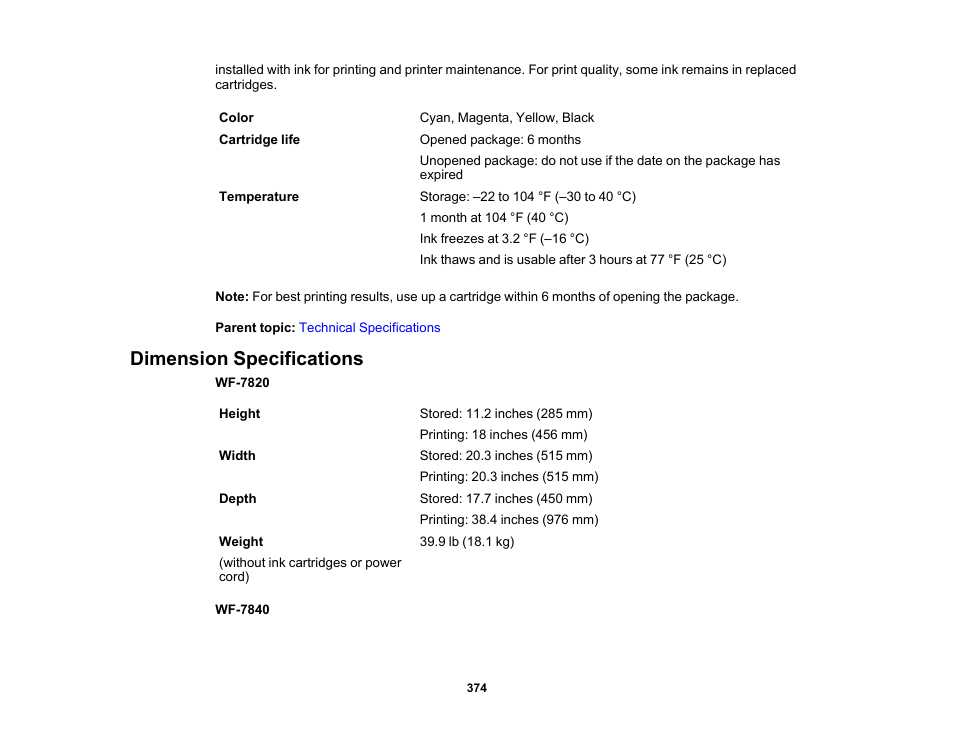 Dimension specifications | Epson WorkForce Pro WF-7820 All-in-One Inkjet Printer User Manual | Page 374 / 393