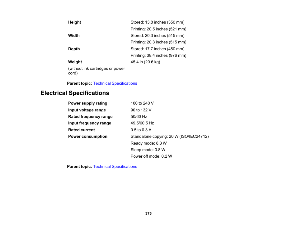 Electrical specifications | Epson WorkForce Pro WF-7820 All-in-One Inkjet Printer User Manual | Page 375 / 393