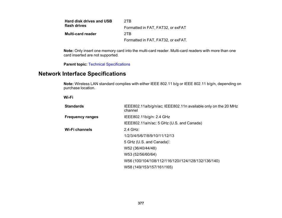 Network interface specifications | Epson WorkForce Pro WF-7820 All-in-One Inkjet Printer User Manual | Page 377 / 393