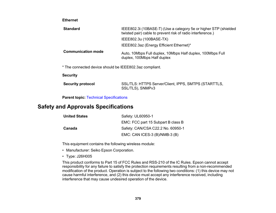 Safety and approvals specifications | Epson WorkForce Pro WF-7820 All-in-One Inkjet Printer User Manual | Page 379 / 393
