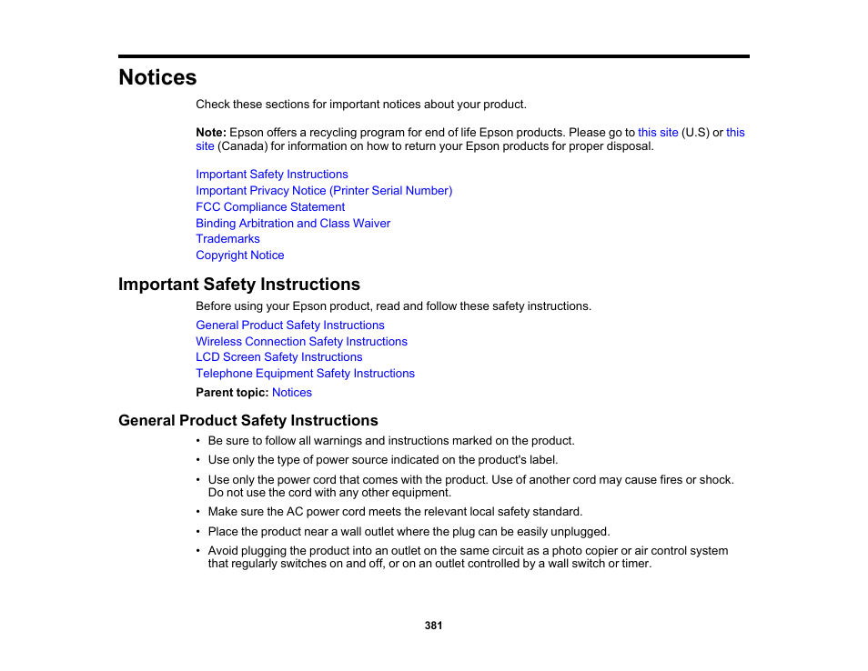 Notices, Important safety instructions, General product safety instructions | Epson WorkForce Pro WF-7820 All-in-One Inkjet Printer User Manual | Page 381 / 393