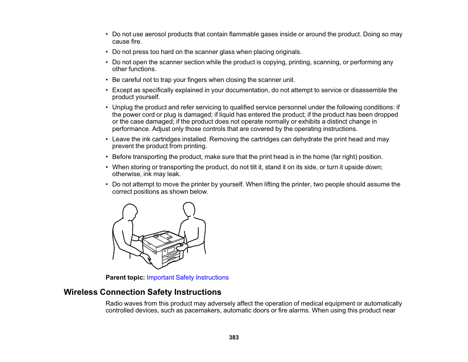 Wireless connection safety instructions | Epson WorkForce Pro WF-7820 All-in-One Inkjet Printer User Manual | Page 383 / 393