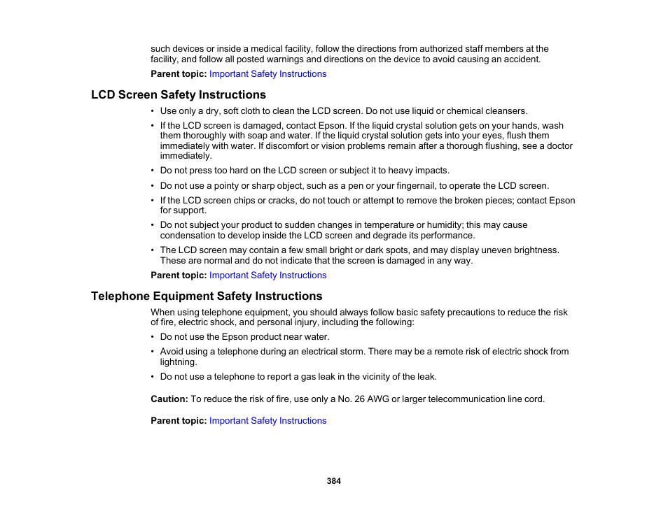 Lcd screen safety instructions, Telephone equipment safety instructions | Epson WorkForce Pro WF-7820 All-in-One Inkjet Printer User Manual | Page 384 / 393