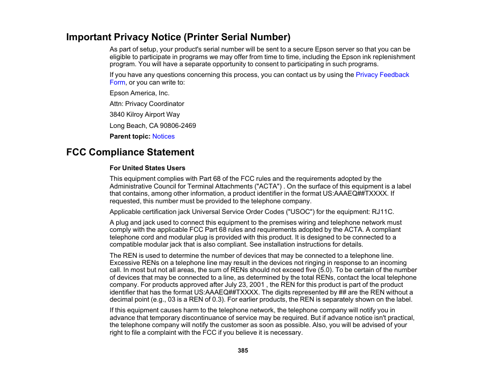 Important privacy notice (printer serial number), Fcc compliance statement | Epson WorkForce Pro WF-7820 All-in-One Inkjet Printer User Manual | Page 385 / 393