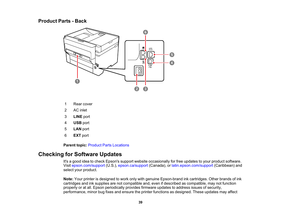 Product parts - back, Checking for software updates | Epson WorkForce Pro WF-7820 All-in-One Inkjet Printer User Manual | Page 39 / 393