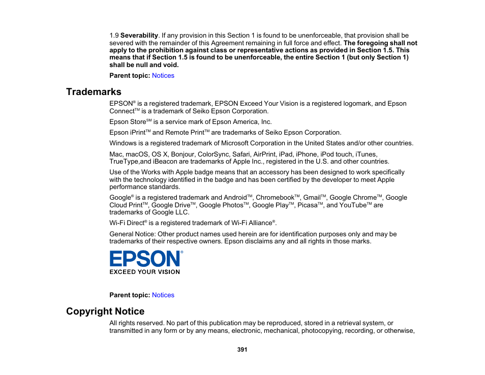 Trademarks, Copyright notice, Trademarks copyright notice | Epson WorkForce Pro WF-7820 All-in-One Inkjet Printer User Manual | Page 391 / 393