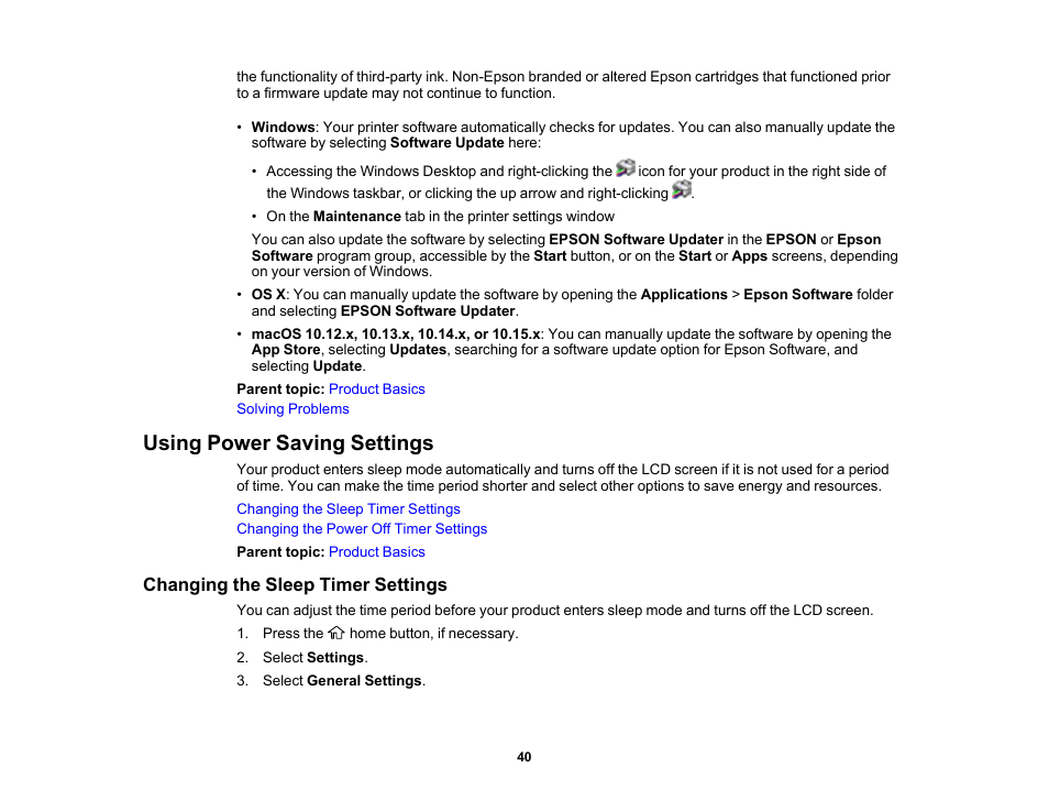 Using power saving settings, Changing the sleep timer settings | Epson WorkForce Pro WF-7820 All-in-One Inkjet Printer User Manual | Page 40 / 393